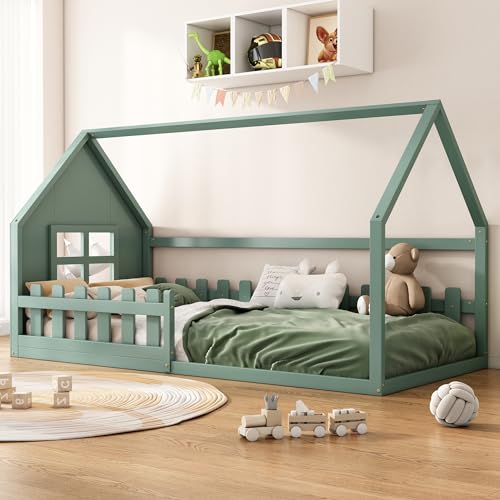 WIZBED Kinderbett Hausbett 90x200, Montessori Bodenbett mit Rausfallschutz und Lattenrost, Holzbett für Jungen und Mädchen, Grün ohne Matratze von WIZBED