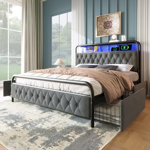 WIZBED Metallbett 180x200 mit L-E-D Stauraum-Kopfteil und 4 Schubladen, Polsterbett mit Typ-C- & USB-Ladefunktion, Doppelbett Bettgestell mit Lattenrost aus Metall, Ohne Matratze WIZBED Metallbett 180x200 mit L-E-D Stauraum-Kopfteil und 4 Schubladen, Polsterbett mit Typ-C- & USB-Ladefunktion, Doppelbett Bettgestell mit Lattenrost aus Metall, Ohne Matratze von WIZBED