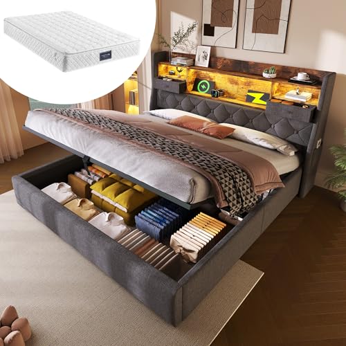 WIZBED Polsterbett 160x200 cm mit Hydraulischem Stauraum & LED-Kopfteil, Ladestation, Doppelbett Inkl. Lattenrost, Leinenstoff (mit Matratze) von WIZBED