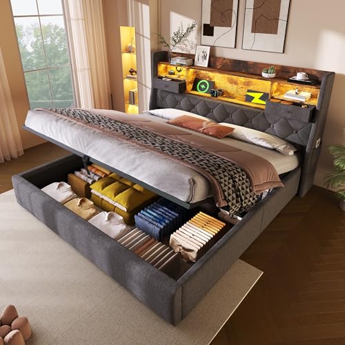 WIZBED Polsterbett 160x200 cm mit Hydraulischem Stauraum & LED-Kopfteil, Ladestation, Doppelbett Inkl. Lattenrost, Leinenstoff (ohne Matratze) von WIZBED