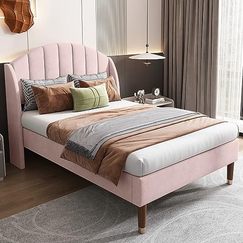 WIZBED Polsterbett Einzelbett 90 x 200 cm, Bettgestell mit Lattenrost und Kopfteil, Lattenrost aus Holz, Samt, Gepolstertes Bett Jugendbett, Rosa,ohne Matratze von WIZBED