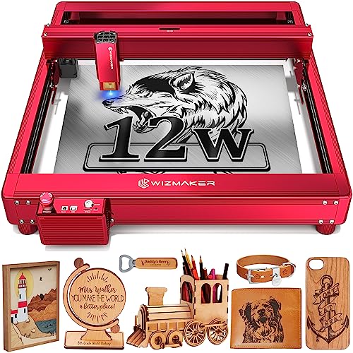 WIZMAKER L1 Laser Graviermaschine, 12W Ausgangsleistung Laser Cutter, 60W Hohe Genauigkeit Laserschneider, DIY Lasergravur Maschine Schneidemaschine, Lasergravierer für Holz und Metall， Rot von WIZMAKER