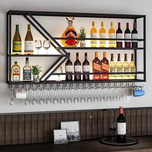 LED-beleuchtetes, wandmontiertes Weinregal aus Metall mit Glashalter – großes schwebendes Regal zur Präsentation von Spirituosenflaschen – multifunktionales, platzsparendes Design – schwarze von WJDREPKHY