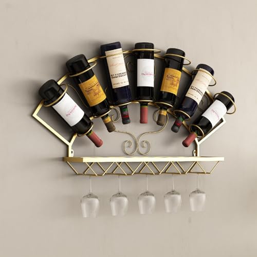 WJDREPKHY An der Wand montiertes Weinregal mit Weinglashalter – kleines Barregal aus Metall für Spirituosen – stilvolle Wand-Weinregale für Küche oder Wohnzimmerdekor (Gold) von WJDREPKHY