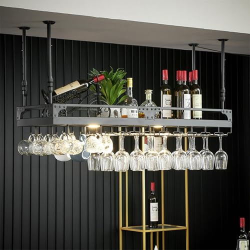 WJDREPKHY Industrielles Weinregal aus Metall für die Decke und Wand mit LED-Licht – Hängendes Spirituosenregal für Weinflaschen und Champagnergläser – Großes schwebendes Lagerregal für Bargläser WJDREPKHY Industrielles Weinregal aus Metall für die Decke und Wand mit LED-Licht – Hängendes Spirituosenregal für Weinflaschen und Champagnergläser – Großes schwebendes Lagerregal für Bargläser von WJDREPKHY