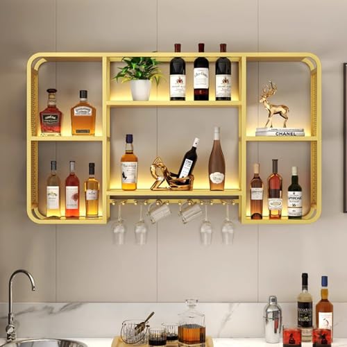 WJDREPKHY Schwebende Barregale, Wandmontiertes Weinregal, Weinlagerregal, Wand-Weinregal mit Glashalter für die Bar in der Küche und im Esszimmer (Größe: 100 x 20 x 70 cm, Farbe: Gold) von WJDREPKHY