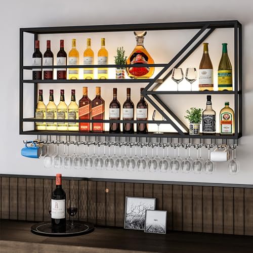 WJDREPKHY Schwebende Barregale aus Metall mit Glashalter, an der Wand montiertes Weinregal für die Bar in der Küche und im Esszimmer - Schwarz (150 cm) von WJDREPKHY