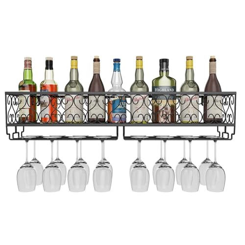WJDREPKHY Schwebende Barregale mit Stielglashalter, an der Wand montiertes Weinregal mit Regalen, Weinlagerregal für die Hausbar, Esszimmerküche, Schwarz (Größe: 50 x 25 x 17 cm) von WJDREPKHY