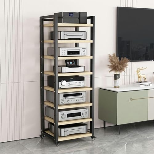 WJFTODAY Multifunktions-offenes Lagerregal, 8-stufiger Komponenten-Medienständer, CD-PlayPlayer-Ständer, Stereoschrank, beweglicher Audioturm mit höhenverstellbarem Holzregal für Zuhause/Büro/Theater von WJFTODAY