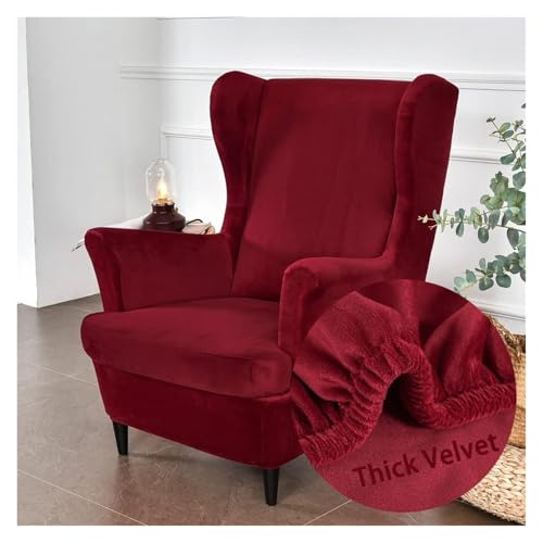 WJHDWYD 2-teiliger Ohrensesselbezug aus Stretch-Samt, Sesselbezug mit T-Kissenbezug, einfarbig, modisch, rutschfest, Sesselbezug for Strandmon, Schlafzimmer(Rouge) von WJHDWYD
