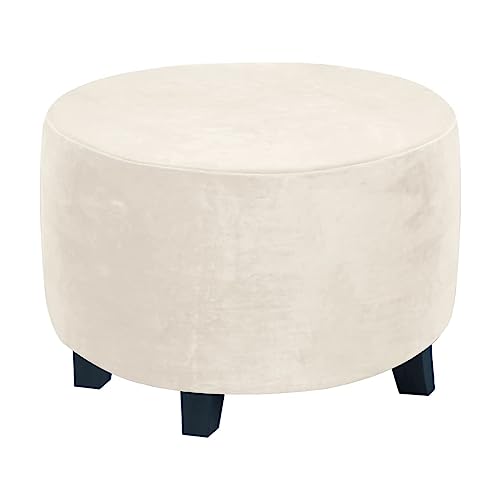 WJHDWYD Runder Pouf-Bezug aus Samt, Stretch-Ottoman-Bezug, Oberdurchmesser 45/50/60/90 cm, Fußhocker-Schutzbezug, Aufbewahrungshocker-Bezug(Beige Beige,1large) von WJHDWYD