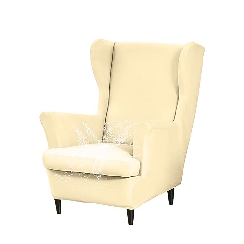 WJHDWYD Wasserdichter Ohrensesselbezug, 2-teiliger Sesselbezug mit T-Kissenbezug, einfarbiger Stretch-Sesselbezug, for Hotel-Wohnzimmer-Schlafzimmer(Beige) von WJHDWYD