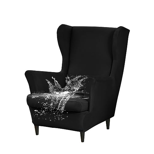 WJHDWYD Wasserdichter Ohrensesselbezug, 2-teiliger Sesselbezug mit T-Kissenbezug, einfarbiger Stretch-Sesselbezug, for Hotel-Wohnzimmer-Schlafzimmer(Noir) von WJHDWYD