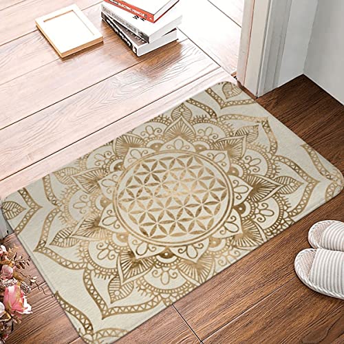 WJHGA 3D gedruckte Fußmatte Blume des Lebens in Lotus Pastell Golds Polyester Anti-Rutsch-Teppich Küche Schlafzimmer Willkommensmatte Dekoration Einweihungsgeschenk 20"x32" von WJHGA