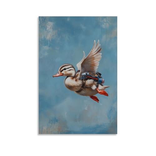 Tier-Ölgemälde eines Entlein fliegt mit Jetpack über mattem Babyblau, dekoratives Wandbild, modernes Kunstposter, 20 x 30 cm von WJHJZQYY