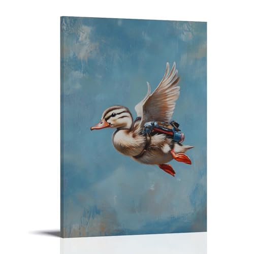 Tier-Ölgemälde eines Entlein fliegt mit Jetpack über mattem Babyblau, dekoratives Wandbild, modernes Kunstposter, 20 x 30 cm von WJHJZQYY