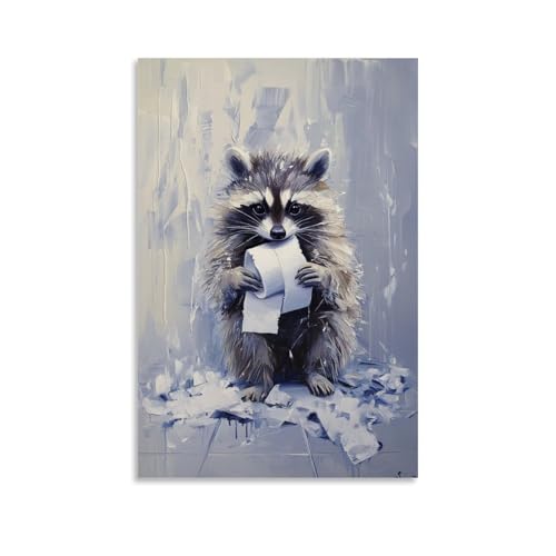 Tier-Ölgemälde eines Waschbärs, der sich im Toilettenpapier verheddert, dreht sich fröhlich auf glatten Badezimmerfliesen unter einem pastellgrauen Himmel. Dekoratives Wandbild, modernes Kunstposter von WJHJZQYY
