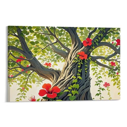 WJHJZQYY Baum des Lebens, Wanddekoration, künstlerischer Baum mit blühenden roten Blumen für elegantes Zuhause, dekoratives Wandbild, modernes Kunstposter, 40 x 60 cm von WJHJZQYY