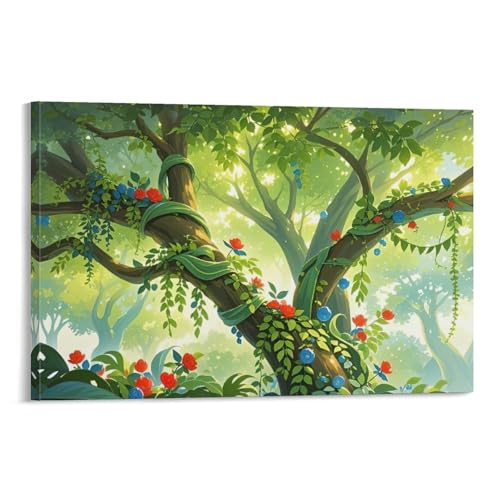 WJHJZQYY Bezaubernder Baum, Wanddekoration, glänzendes Grün mit leuchtend roten, blauen Blumen, dekoratives Wandbild, modernes Kunstposter, 60 x 90 cm von WJHJZQYY