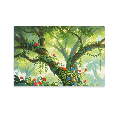 WJHJZQYY Bezaubernder Baum, Wanddekoration, glänzendes Grün mit leuchtend roten, blauen Blumen, dekoratives Wandbild, modernes Kunstposter, 60 x 90 cm von WJHJZQYY