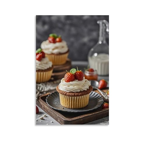 WJHJZQYY Cupcake-Wandkunst, dekorative Cupcakes auf Teller, für Heimdekoration, dekoratives Wandbild, modernes Kunstposter, 60 x 90 cm von WJHJZQYY