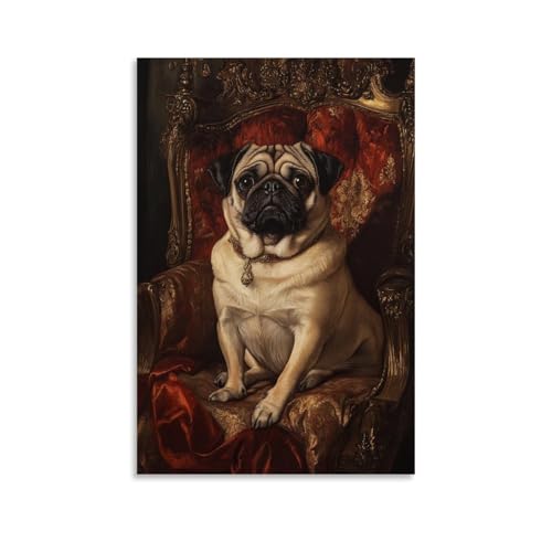 WJHJZQYY Dekoratives Wandbild, Motiv eines Mops, der auf einem gepolsterten Thron sitzt, sein zerknittertes Gesicht beleuchtet von Kronleuchtern, modernes Wandbild, 40 x 60 cm von WJHJZQYY