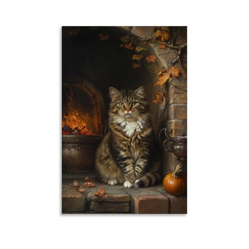 WJHJZQYY Dekoratives Wandbild, Motiv: Niederländisches Goldenes Zeitalter, Porträt eines älteren Tabby, der an einem sterbenden Feuer sitzt, sein Fell gerüscht von Herbstentwürfen, modernes Wandbild von WJHJZQYY