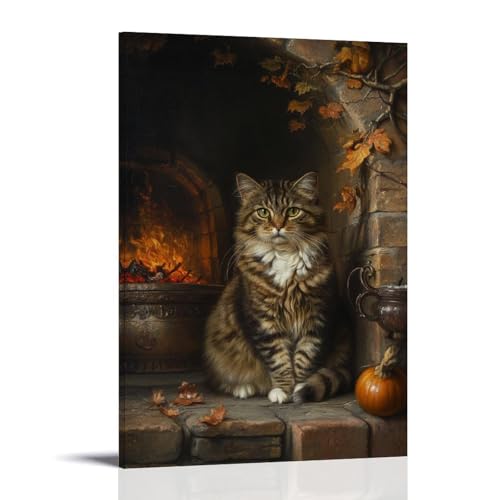WJHJZQYY Dekoratives Wandbild, Motiv: Niederländisches Goldenes Zeitalter, Porträt eines älteren Tabby, der an einem sterbenden Feuer sitzt, sein Fell gerüscht von Herbstentwürfen, modernes Wandbild von WJHJZQYY