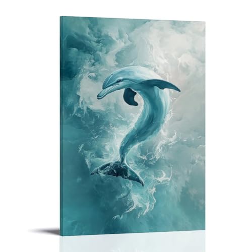 WJHJZQYY Delphin, der sich nach oben dreht, mit Farbverlaufskurven über einer weichen, aquamarinfarbenen Leinwand. Dekoratives Wandbild, modernes Kunstposter, 20 x 30 cm von WJHJZQYY