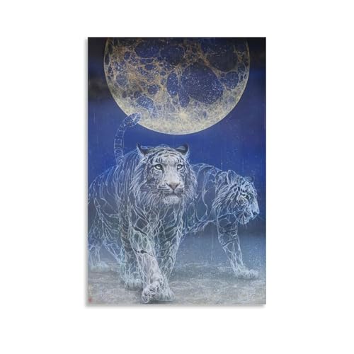 WJHJZQYY Kunstdruck mit mystischen Tigern, Mond, Wanddekoration, dekoratives Wandbild, modernes hängendes Kunstposter, 50 x 75 cm von WJHJZQYY