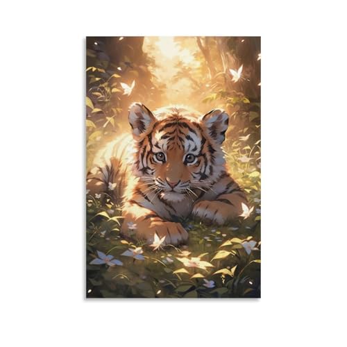 WJHJZQYY Majestätischer Tiger, luxuriöse Dschungelblüten-Dekoration für elegante Häuser, dekoratives Wandbild, modernes Kunstposter, 30 x 45 cm von WJHJZQYY