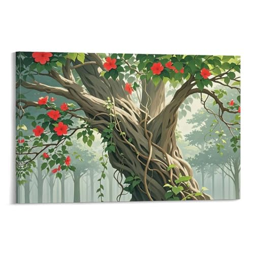 WJHJZQYY Mystischer Baum des Lebens, Wandkunst, ätherische rote Blüten und verschlungene Wurzeln, elegante Walddekoration für Zuhause, Büro, dekoratives Wandbild, modernes Kunstposter, 30 x 45 cm von WJHJZQYY