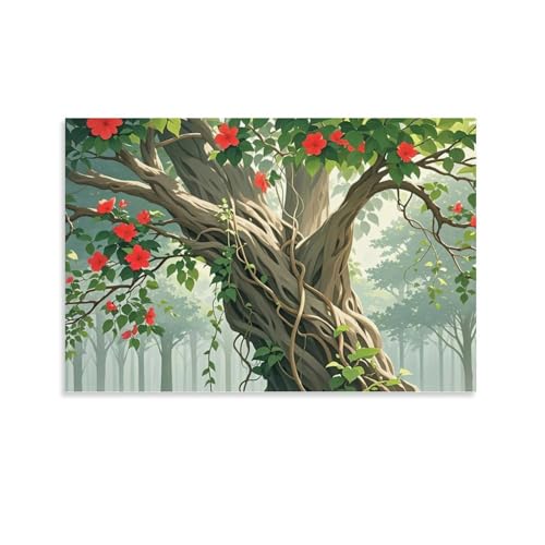 WJHJZQYY Mystischer Baum des Lebens, Wandkunst, ätherische rote Blüten und verschlungene Wurzeln, elegante Walddekoration für Zuhause, Büro, dekoratives Wandbild, modernes Kunstposter, 40 x 60 cm von WJHJZQYY