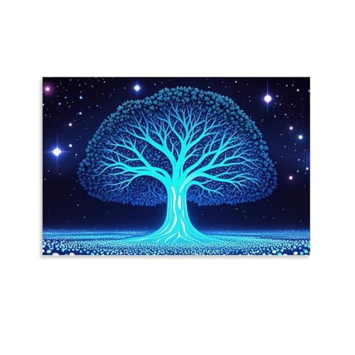 WJHJZQYY Mystischer blauer Baum, Wanddekoration, Sternennacht, leuchtendes Baumkunst, dekoratives Wandbild, modernes Kunstposter, 50 x 75 cm von WJHJZQYY