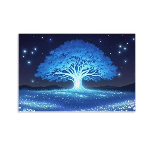 WJHJZQYY Mystischer blauer Baum, Wanddekoration, Traumhimmel, Beleuchtung, dekoratives Wandbild, modernes Kunstposter, 50 x 75 cm von WJHJZQYY