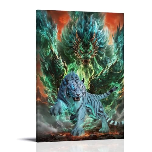 WJHJZQYY Mythical Beasts Wandkunst, majestätischer weißer Tiger und feuriger Drache, Leinwand-Dekor, dekoratives Wandbild, modernes Kunstposter, 30 x 45 cm von WJHJZQYY