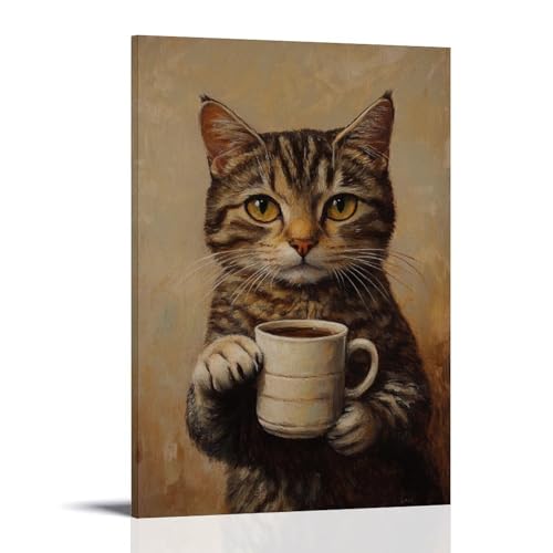 WJHJZQYY Ölgemälde mit Tiermotiv einer Katze, die kühl posiert, während sie eine kleine Kaffeetasse mit einer Pfote hält. Dekoratives Wandbild, modernes Kunstposter, 60 x 90 cm von WJHJZQYY
