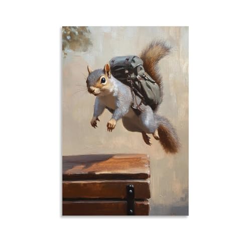 WJHJZQYY Ölgemälde mit Tiermotiv eines Eichhörnchens mit Rucksack, der einen Schwanz über einer Bank auf einem soliden hellbraunen Hintergrund tut, dekoratives Wandbild, modernes Kunstposter, 50 x 75 von WJHJZQYY