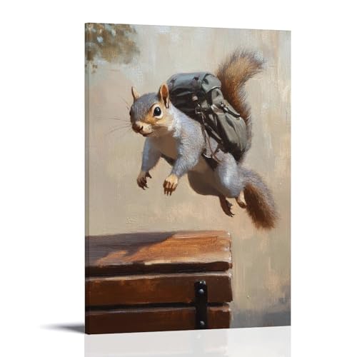 WJHJZQYY Ölgemälde mit Tiermotiv eines Eichhörnchens mit Rucksack, der einen Schwanz über einer Bank auf einem soliden hellbraunen Hintergrund tut, dekoratives Wandbild, modernes Kunstposter, 60 x 90 von WJHJZQYY