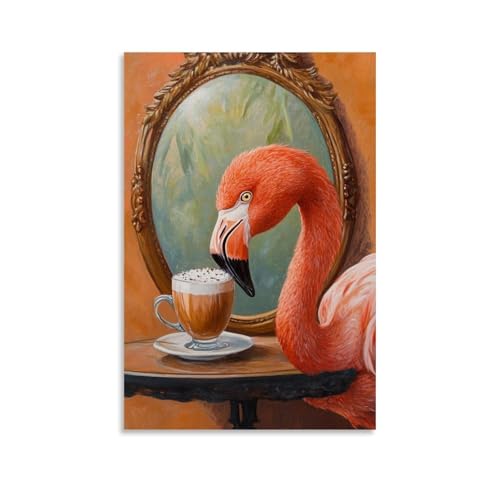 WJHJZQYY Ölgemälde mit Tiermotiv eines Flamingos, der in einen Café-Spiegel schaut, während er ein Kokosnuss-Kaffeegetränk trinkt. Dekoratives Wandbild, modernes Kunstposter, 30 x 45 cm von WJHJZQYY
