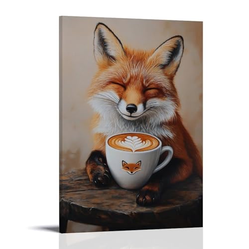 WJHJZQYY Ölgemälde mit Tiermotiv eines Fuchs, der Latte Art trinkt, kaffeeförmig wie ein winziges Fuchsgesicht, lächelnd, dekoratives Wandbild, modernes Kunstposter zum Aufhängen, 60 x 90 cm von WJHJZQYY