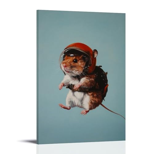 WJHJZQYY Ölgemälde mit Tiermotiv eines Hamsters mit Helm, der aus einem Flugzeug ausgestoßen wird, auf einer minimalen hellblauen Leinwand. Dekoratives Wandbild, modernes Kunstposter, 20 x 30 cm von WJHJZQYY