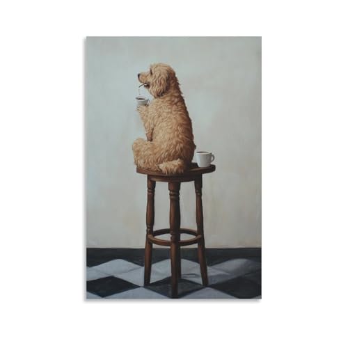 WJHJZQYY Ölgemälde mit Tiermotiv eines Hundes, der rückwärts auf einem kleinen Caféhocker sitzt, während er Kaffee trinkt. Dekoratives Wandbild, modernes Kunstposter, 30 x 45 cm von WJHJZQYY