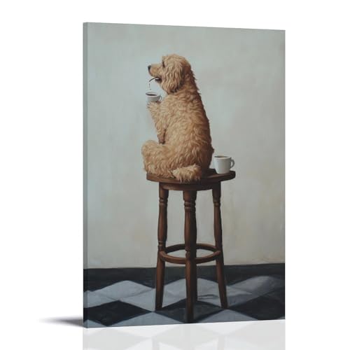 WJHJZQYY Ölgemälde mit Tiermotiv eines Hundes, der rückwärts auf einem kleinen Caféhocker sitzt, während er Kaffee trinkt. Dekoratives Wandbild, modernes Kunstposter, 50 x 75 cm von WJHJZQYY