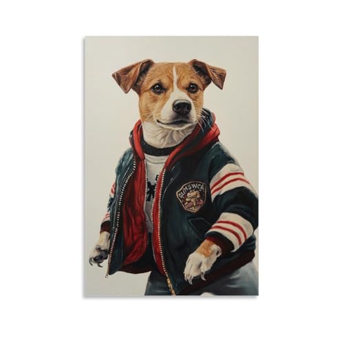 WJHJZQYY Ölgemälde mit Tiermotiv eines Hundes in einer Varsity-Jacke, die durch einen Schulflur auf minimalistischem weißem Hintergrund schlittschuht. Dekoratives Wandbild, modernes Kunstposter, 20 x von WJHJZQYY