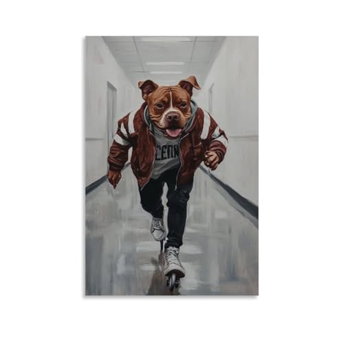 WJHJZQYY Ölgemälde mit Tiermotiv eines Hundes in einer Varsity-Jacke, die durch einen Schulflur auf minimalistischem weißem Hintergrund schlittschuht. Dekoratives Wandbild, modernes Kunstposter, 40 x von WJHJZQYY