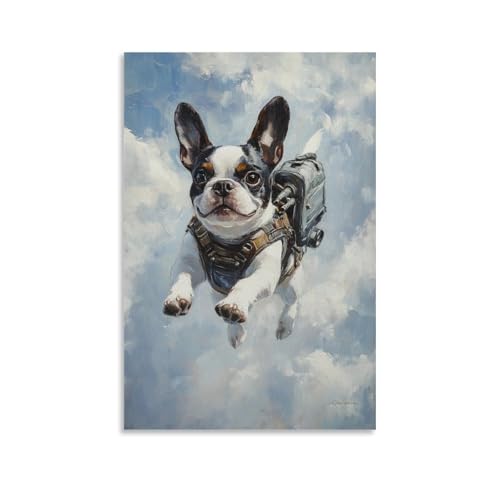 WJHJZQYY Ölgemälde mit Tiermotiv eines Hundes mit Jetpack, Zoomen durch einen reinweißen Himmel, Ohren flattern im Wind. Dekoratives Wandbild, modernes Kunstposter, 60 x 90 cm von WJHJZQYY