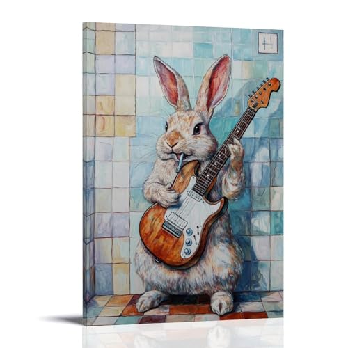 WJHJZQYY Ölgemälde mit Tiermotiv eines Kaninchens, das Luftgitarre mit Zahnbürste spielt, in einem gefliesten Badezimmer schaukelt. Dekoratives Wandbild, modernes Kunstposter, 60 x 90 cm von WJHJZQYY