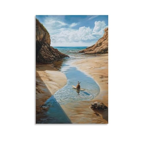 WJHJZQYY Ölgemälde mit Tiermotiv eines Kaninchens, das bei niedriger Flut über eine flache Strandbucht skimboardt. Dekoratives Wandbild, modernes Kunstposter, 40 x 60 cm von WJHJZQYY