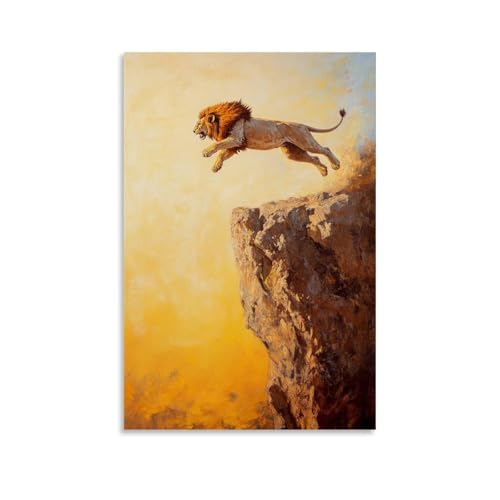WJHJZQYY Ölgemälde mit Tiermotiv eines Löwen, der eine Klippe mit Senfhimmel unter dem Himmel abblättert, dekoratives Wandbild, modernes Kunstposter, 50 x 75 cm von WJHJZQYY